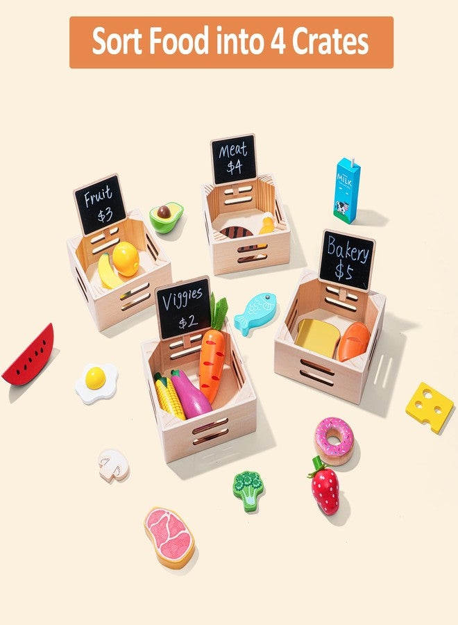 Inslat Food Groups - 20 Wooden Play Food Sets & 4 Crates & 4 Mini Blackboard & 15 Play Money, Pretend Toy Food Kitchen Accessories for Toddlers & Kids Ages 3+ - Image 2